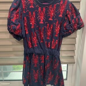 QOS Navy Dress with Red Sequin Lobster Design